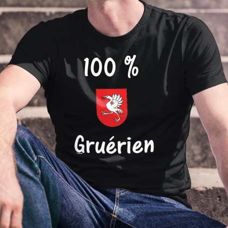 100 pourcent Gruérien ★ T-Shirt coton homme, écusson du district de la Gruyère, une Grue sur fond rouge