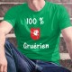 100 pourcent Gruérien ★ T-Shirt coton homme, écusson du district de la Gruyère, une Grue sur fond rouge