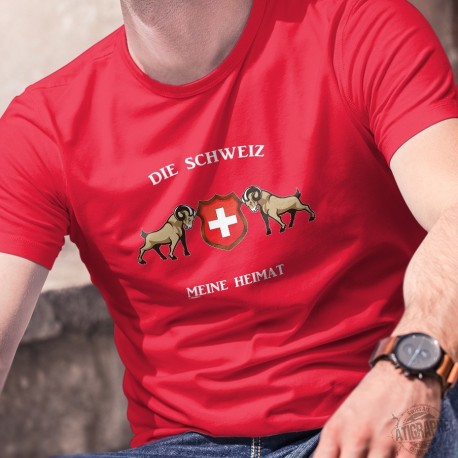 Die Schweiz, meine Heimat ✚ Alpensteinbock ✚ Herren-Baumwoll-T-Shirt, zwei Steinböcken rund um das Schweizer Abzeichen