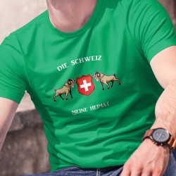 Die Schweiz, meine Heimat ✚ Alpensteinbock ✚ Herren-Baumwoll-T-Shirt, zwei Steinböcken rund um das Schweizer Abzeichen