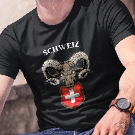 Schweiz ✚ Alpensteinbock ✚ Herren-Baumwoll-T-Shirt, Wappen der Schweiz mit dem Kopf eines entschlossenen Alpensteinbocks