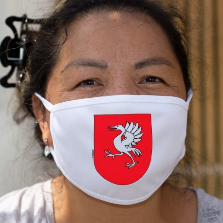 Écusson gruérien ★ Masque de protection en tissu double couche, une grue sur fond rouge représentant le district de la Gruyère