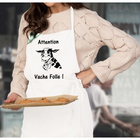 Attention Vache Folle ! ✿ Tablier de cuisine avec une vache. Pour les amatrices de cuisine pleines d'humour. 