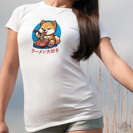 A Shiba Inu eating a bowl of ramen and the Japanese text ラーメン大好き ("I love ramen").  ❤ T-Shirt dame Kawaii