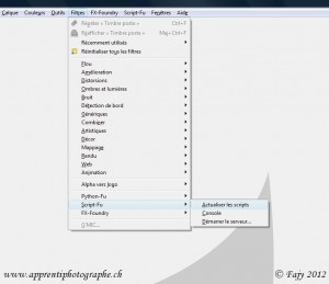 Menu actualiser les scripts dans Gimp