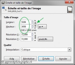 La boite de dialogue - Echelle et taille de l'image - dans Gimp