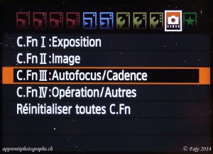 Canon EOS 7D, menu Fonctions personnalisées, Autofocus/Cadence