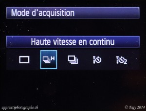 Canon EOS 7D, menu mode acquisition, sélection haute vitesse continu