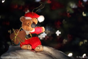 L'ourson de Noël sur fond de bokeh en forme de croix suisse, réalisé avec le Macro 60mm